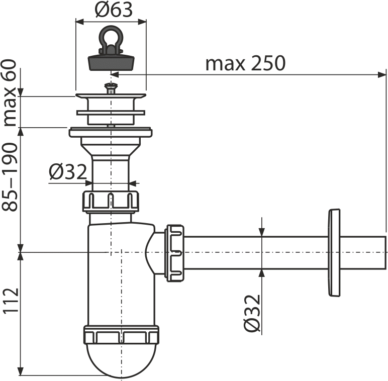 A420 - Flaschengeruchverschluss für die Waschbecken DN32 mit Kunststoffgitter DN63