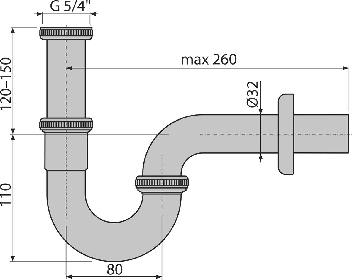 A4320 - Röhrengeruchverschluss „U“ für die Waschbecken DN32 mit einer Überwurfmutter 5/4